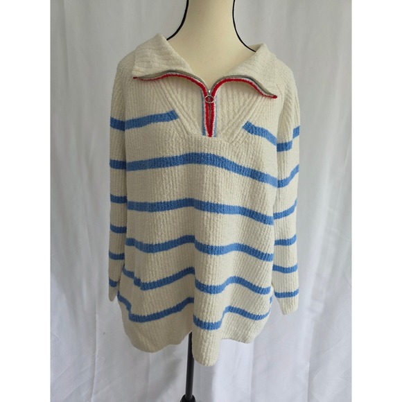 Talbots Plus 2X Striped Quarter Zip Sweater Cream Blue Womens Pullover - Picture 1 of 4